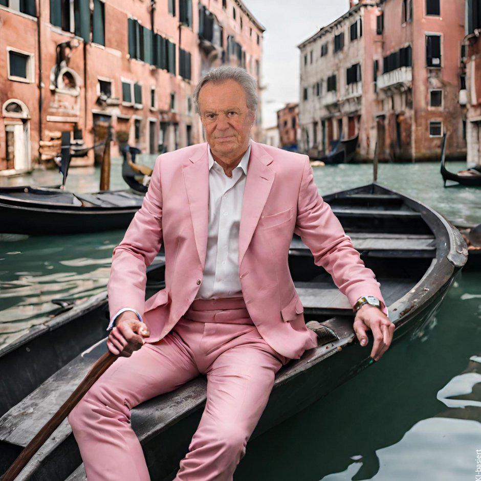 Ein Mann in einem auffälligen rosa Anzug sitzt in einer Gondel auf einem Kanal in Venedig. Im Hintergrund sind typische venezianische Gebäude zu sehen, während er gelassen auf dem Wasser fährt.