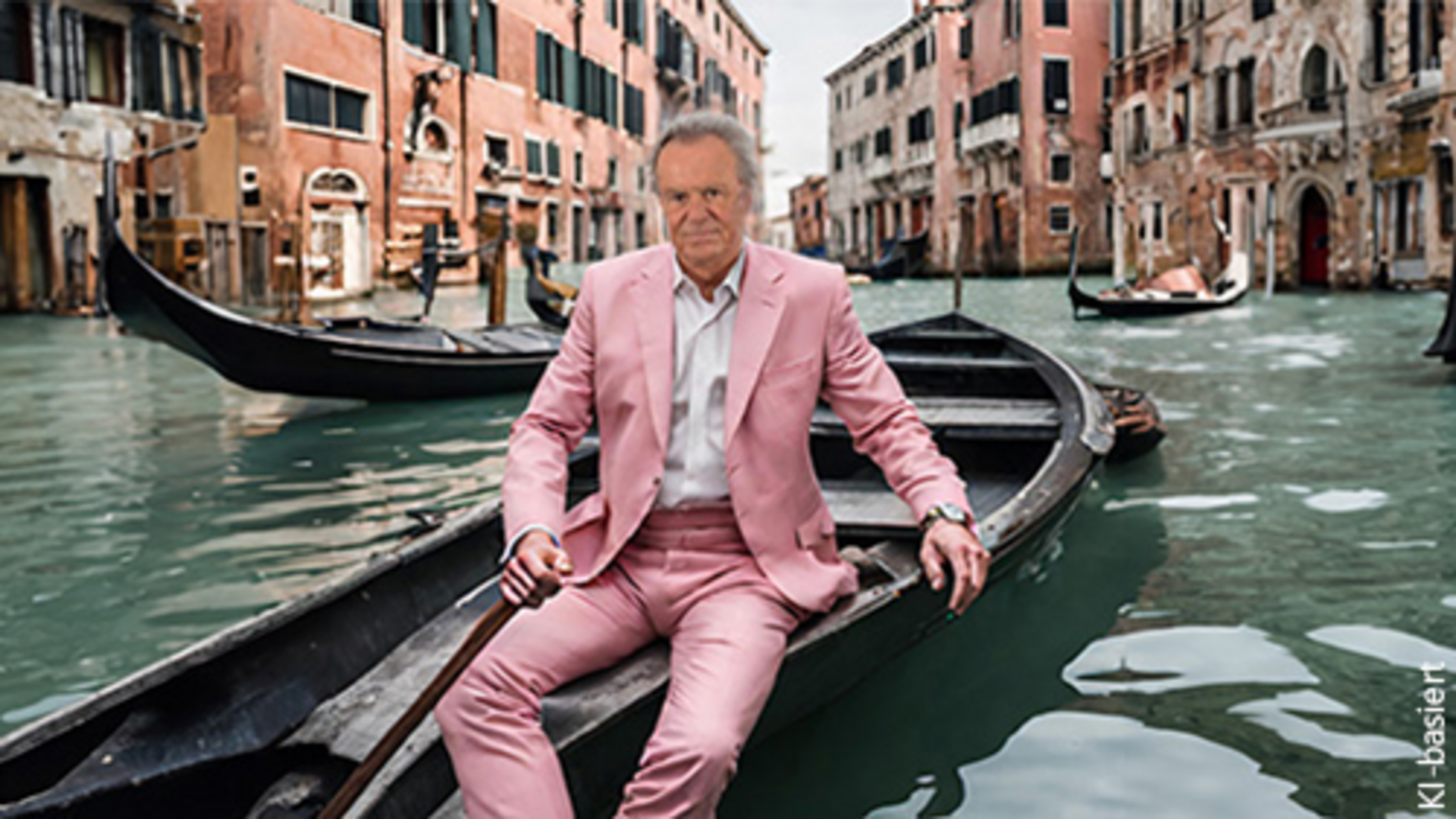 Mann im rosa Anzug sitzt entspannt in einer Gondel auf einem Kanal in Venedig, symbolisiert internationalen Stil und Wirtschaft im Wandel