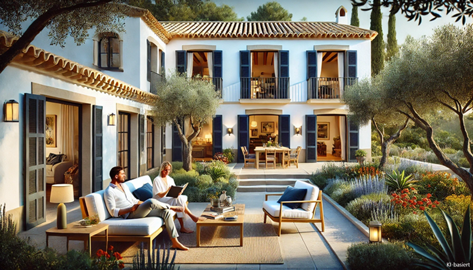 Photorealistische mediterrane Finca auf Mallorca mit Paar in elegantem Ambiente, das entspannt ein Dokument betrachtet – Symbol für Selbstnutzung und Eigentum.