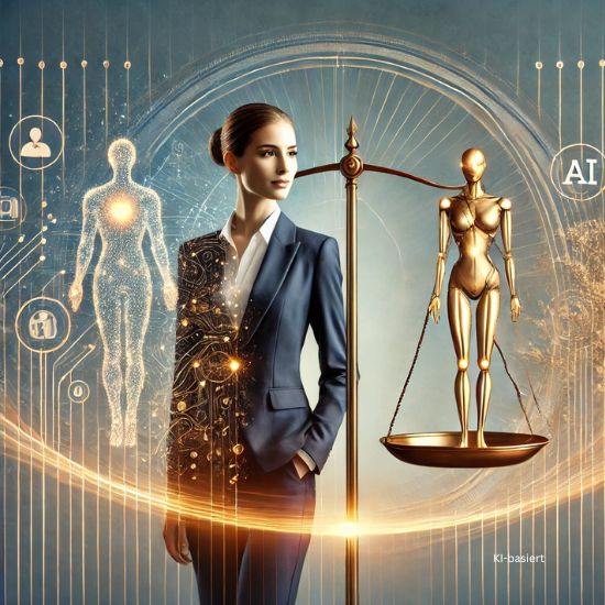 KI-Illustration: Beraterin umgeben von KI-Sylbolik