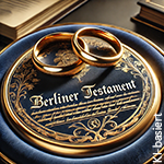 Eine blaugoldene Torte mit zwei goldenen Eheringen darauf