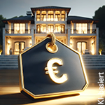 Blau Goldenes Schild mit einem Euro Zeichen darauf vor einer Immobilie